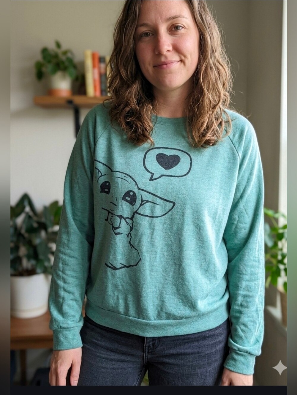 Women's Teal Graphic Pullover Sweatshirt - Baby Yoda Heart